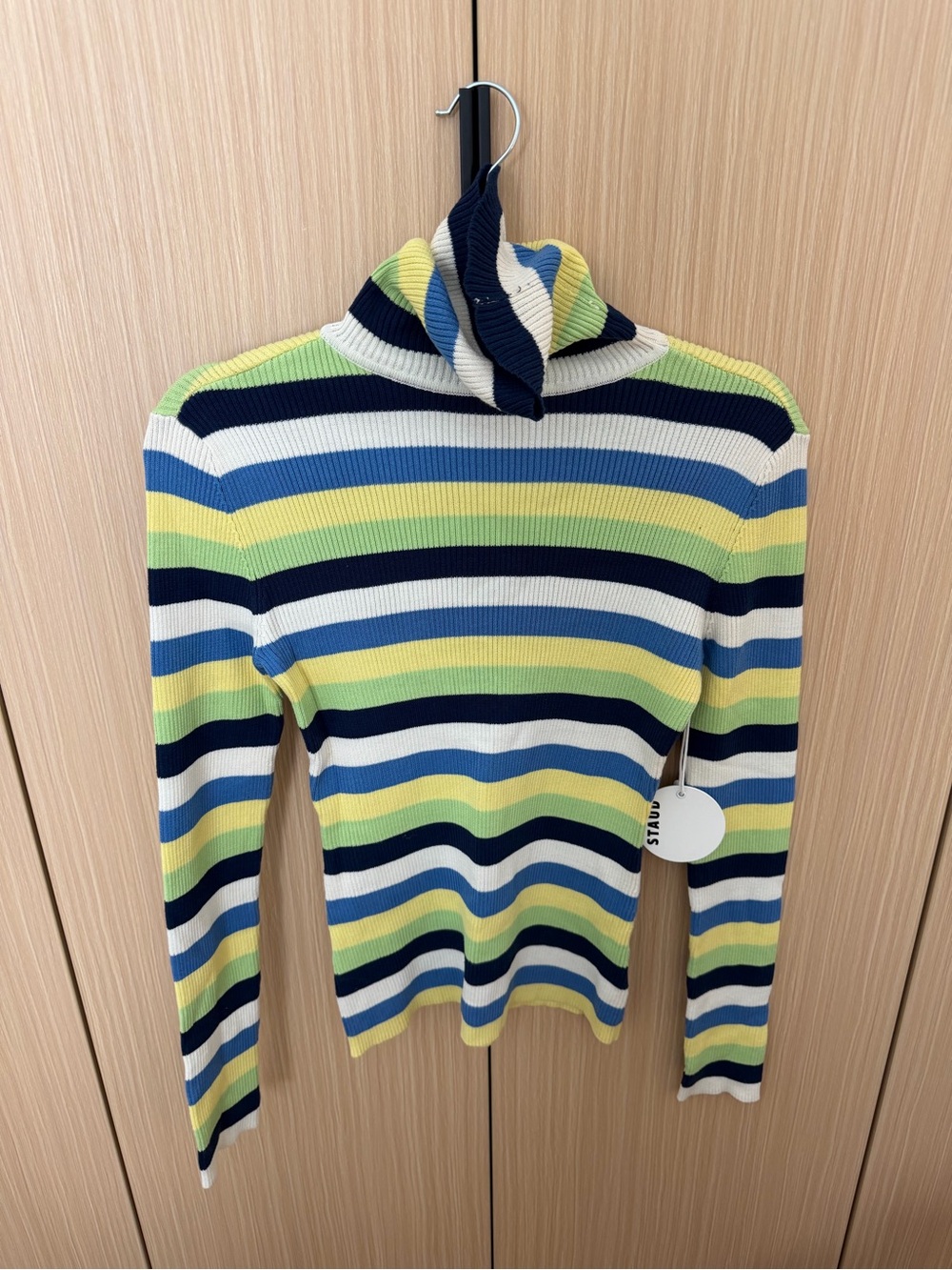 STAUD Striped Ribbed Turtleneck Sweater in Navy, White & Lime